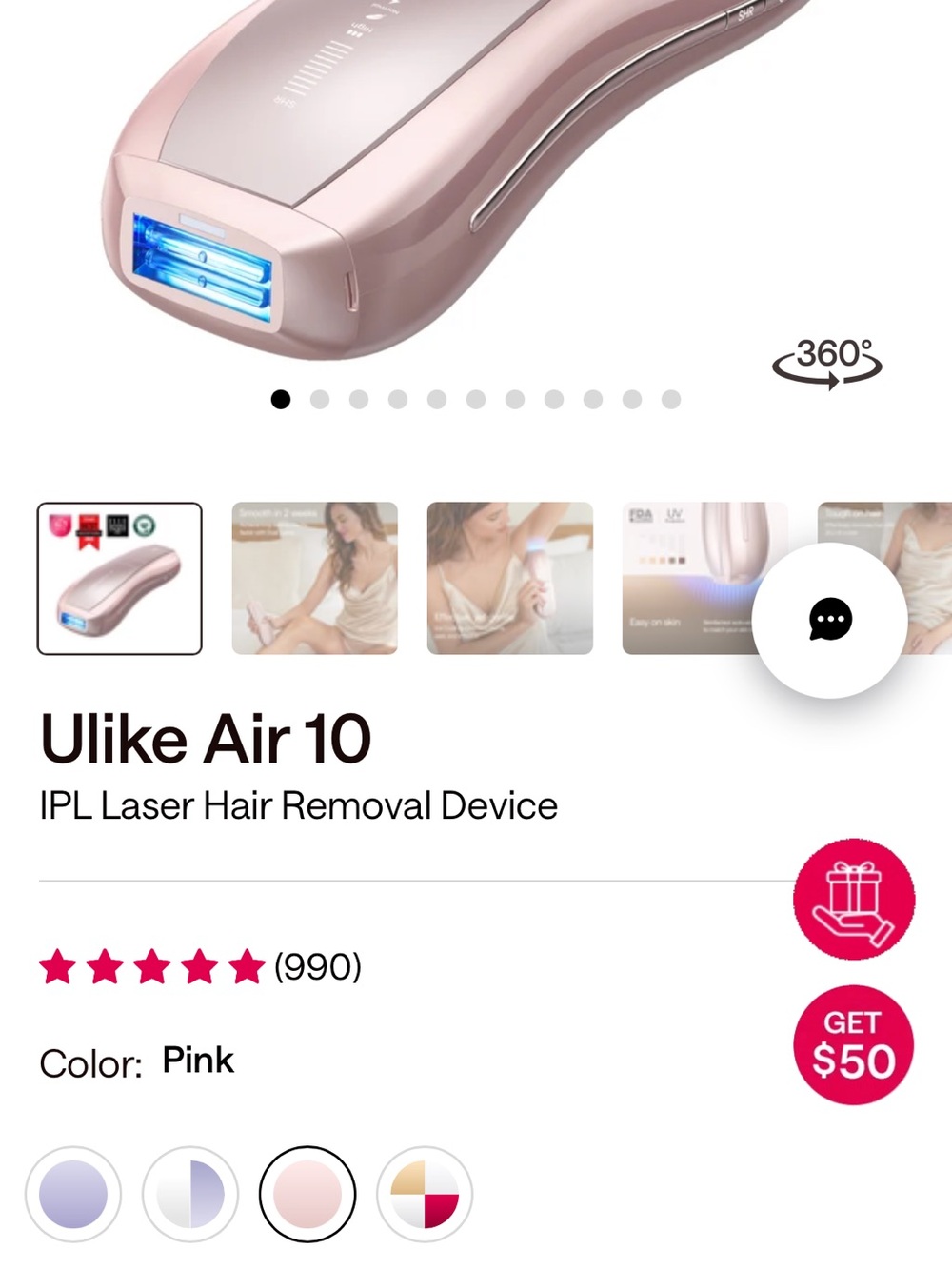 Ulike Air 10 IPL Laser Hair Removal Device - Pink